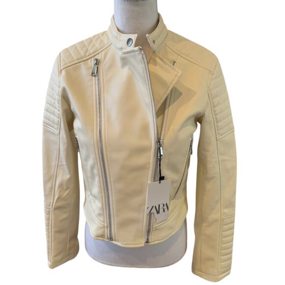 ZARA Moto Faux Leather Biker Jacket Off White S - Picture 2 of 9